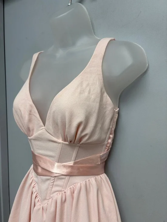 Lucy in the Sky Blush Pink Satin Wrap Corset Dress | Open Back Tie | XS - Picture 3 of 12